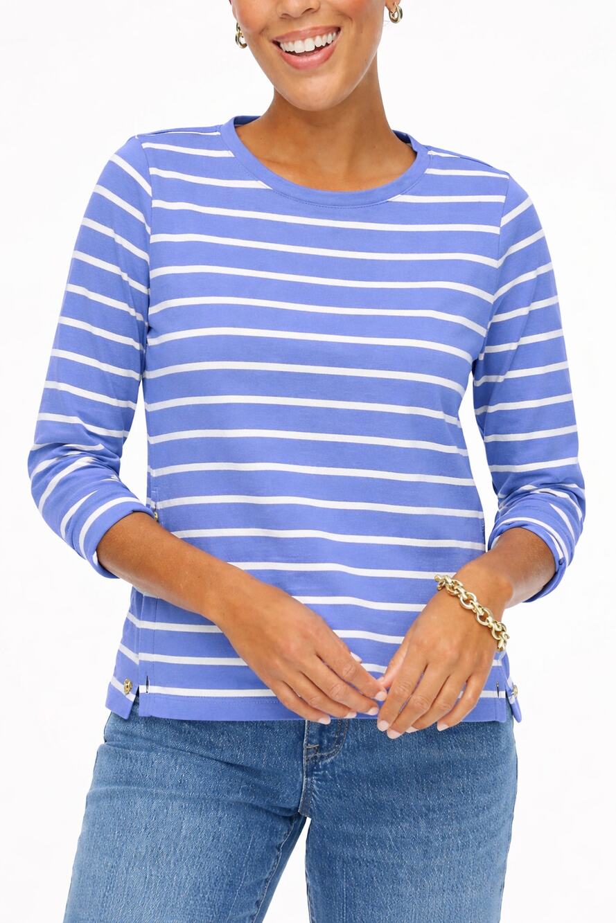 J. Crew Striped Long Sleeve Side Button Top Cool Lilac Blue Ivory CG041 Size M